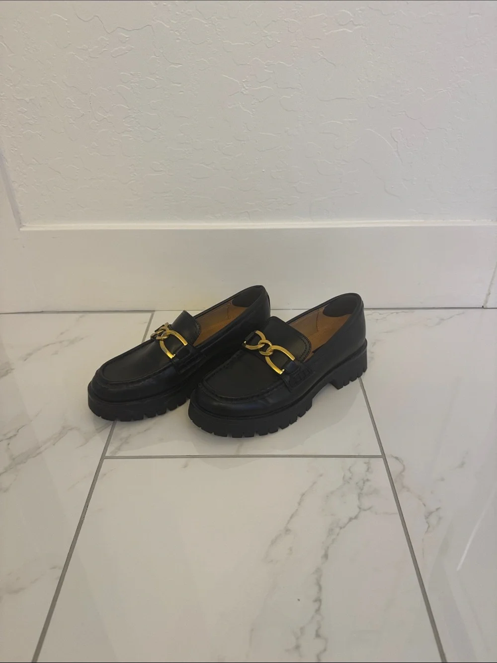 Nine West Black Loafers with Gold Chain Accent